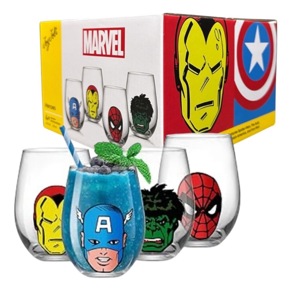 BNIB JoyJolt Marvel Heroes Stemless Drinking Glasses 19oz Set of 4 BPA/Lead Free
